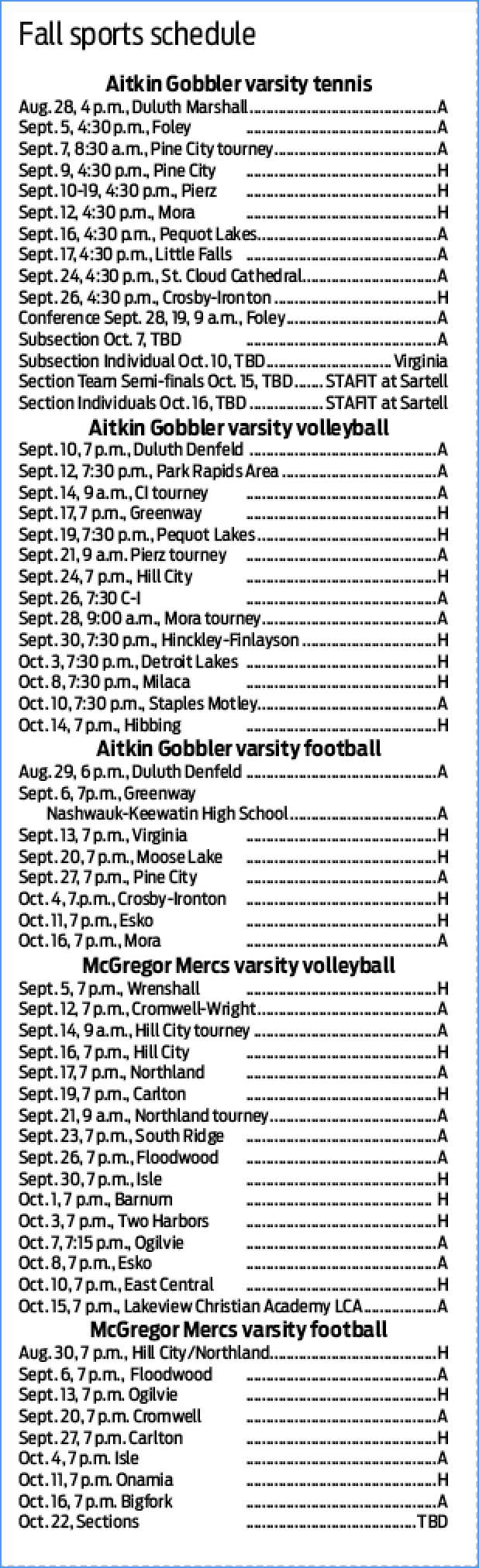 Fall Sports Schedule
